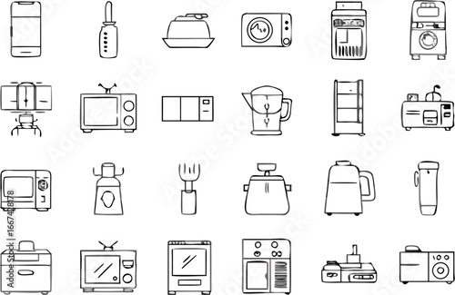Vector illustration of various household appliances including microwaves televisions and kitchen equipment in black and white