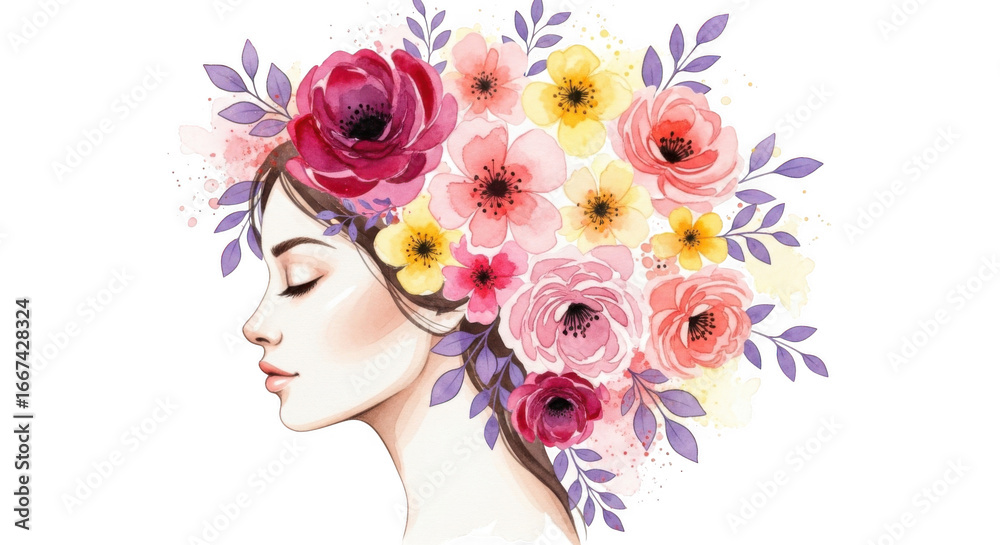Naklejka premium Watercolor woman portrait with floral hair isolated on transparent background, a dreamy and romantic illustration for beauty and fashion