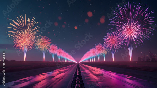 A surreal nighttime landscape with a road leading toward colorful fireworks displays.