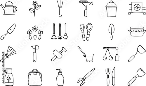 Vector doodle style illustration of gardening tools and household items in black and white line drawing style