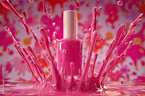 Pink nail polish bottle surrounded by vibrant splashes