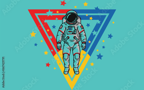 An astronaut stands tall amidst a colorful geometric backdrop, surrounded by twinkling stars and cosmic wonder