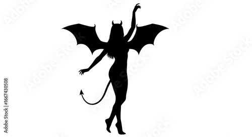 A silhouette of a mythical being with horns, wings, and a tail. A symbolic and artistic representation, the figure stands elegantly, arms gracefully raised. . halloween theme