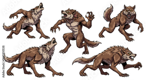 A group of illustration wolf creatures in different poses. halloween theme