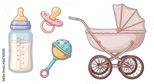 A set of baby essentials, including a bottle, pacifier, rattle, and stroller. The image captures the essence of new beginnings and the joy of infancy