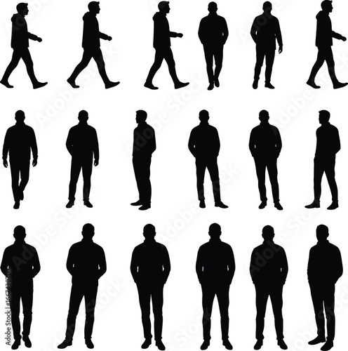 Silhouettes of men walking and standing, male figures in black outline, modern human posture, professional people shadow vector illustration