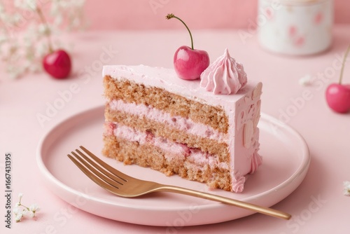 Pink cake slice with cherry