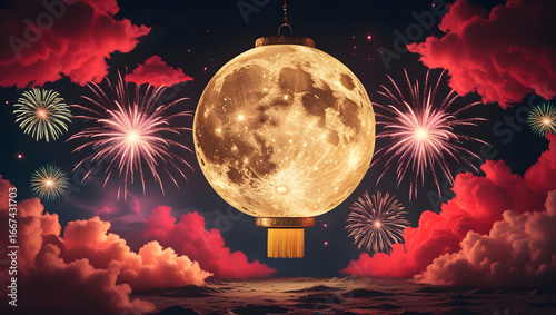 A large, glowing moon lantern hangs in the night sky, surrounded by vibrant fireworks and pink clouds.