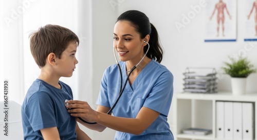 Doctor examining a young boy with a stethoscope in a bright office during a medical checkup visit