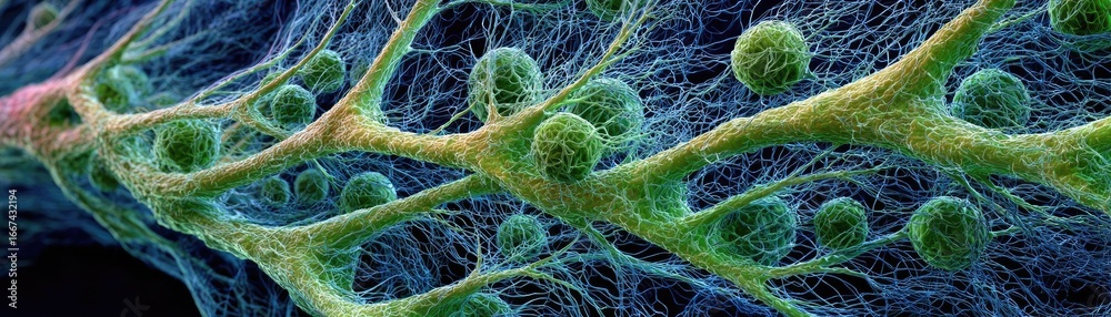 Peripheral nerve histology of axon bundles concept. A vibrant close-up view of cellular structures and networks. Peripheral nerve histology of axon bundles concept. A vibrant close-up view of cellular structures and networks.