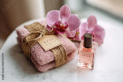 Soft pink towels tied with twine, orchid flowers, and spa perfume on a light surface