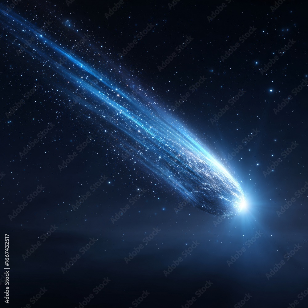 Fototapeta premium A vivid depiction of a comet with a bright trail moving through the star-filled night sky, representing cosmic exploration.