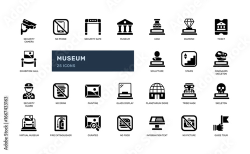 Museum icon set glyph style with history archaeology and gallery