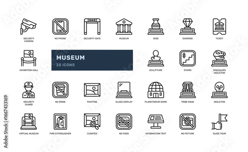 Museum icon set outline style with culture gallery and educational exhibition
