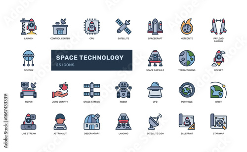 Space technology icon set filled style with astronomy and exploration