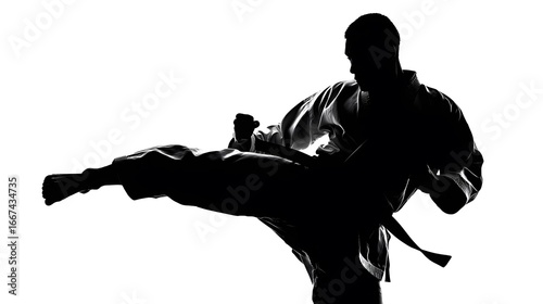 A dynamic silhouette captures the energy of a martial artist in a high kick action