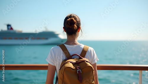 Solo traveler with backpack preparing for adventure on a cruise vacation
