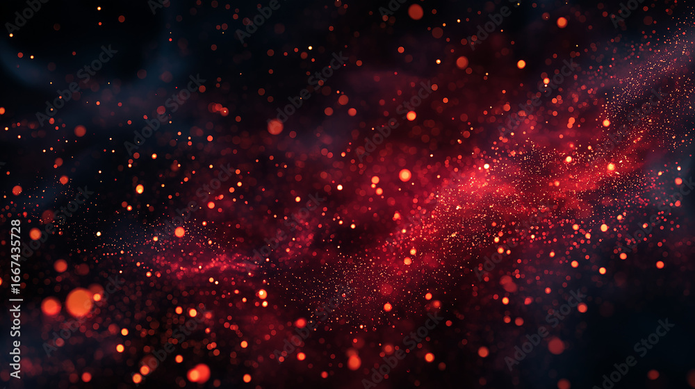 Fototapeta premium Stunning vibrant bokeh particles dance creating a magical glowing abstract nebula effect with deep red and orange tones