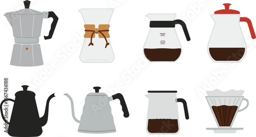 Various coffee makers and brewing devices, including moka pot, Chemex, pour-over kettles, and drip coffee makers, coffee accessories collection.