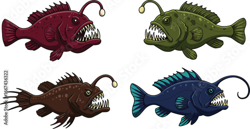 Set of cartoon angler fish, deep sea creature illustration, scary ocean monster, marine animal character, isolated on white background