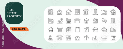Real estate Properties line editable icon set. Containing, Urban architecture, building, skyscraper, and more. Editable stroke. Vector illustration