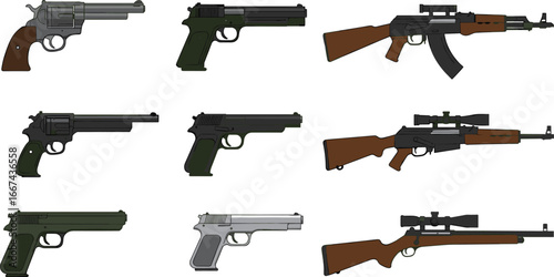 Handgun and rifle firearms collection, revolvers, pistols, assault rifles, sniper rifles, weapon illustrations, military guns, shooting weapons, hunting firearms