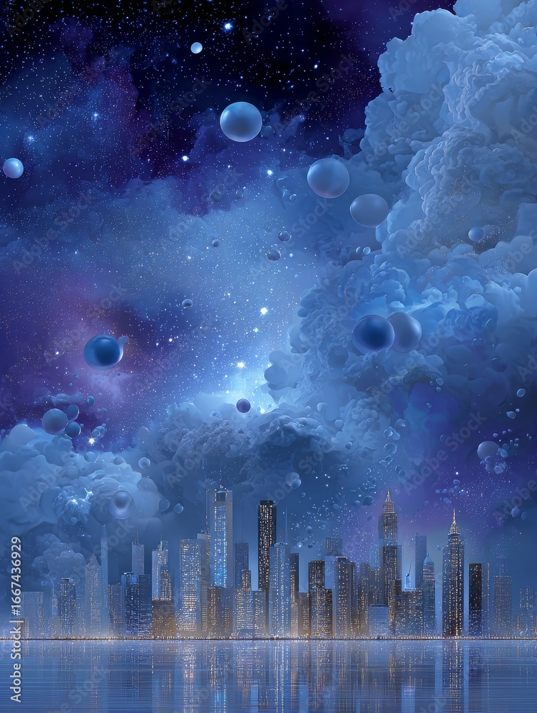 Obraz premium A fantasy cityscape under a cosmic sky with floating orbs, vibrant colors, and city skyscrapers reflecting in water.