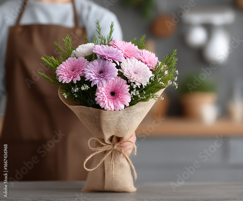 a close-up photograph of a korean florist carefully wrapping a vibrant bouquet with hanji (tradition