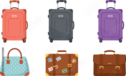 Colorful travel bags, suitcases, briefcases, and luggage set, ideal for vacation, tourism, airport, adventure, business, and holiday trips.