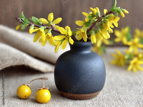 an elegant floral arrangement using forsythia (gaenari) branches and other early spring blossoms in