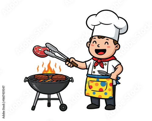 Cartoon chef happily grilling meat on a barbecue.
