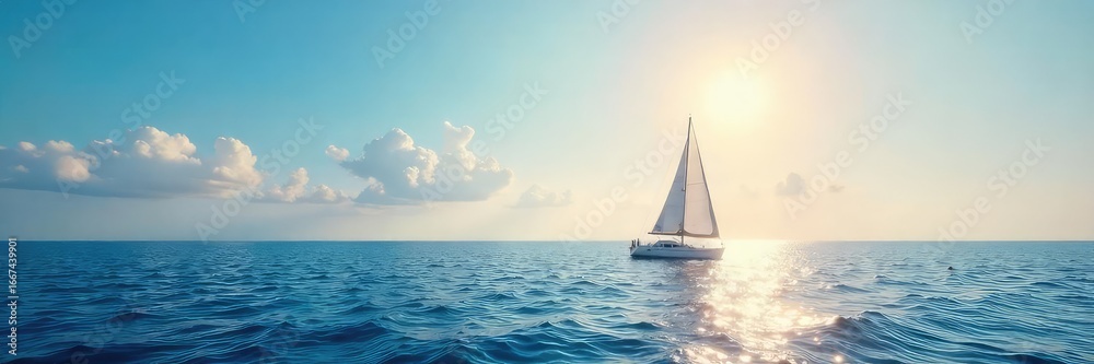 Fototapeta premium A lone sailboat glides across a vast, tranquil ocean under a brilliant, cloudless sky The image evokes feelings of peace, freedom, and the beauty of solitude at sea , ocean, adventure, sea