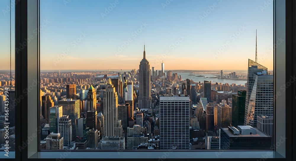 Obraz premium Stunning New York City Skyline View at Sunset from Window