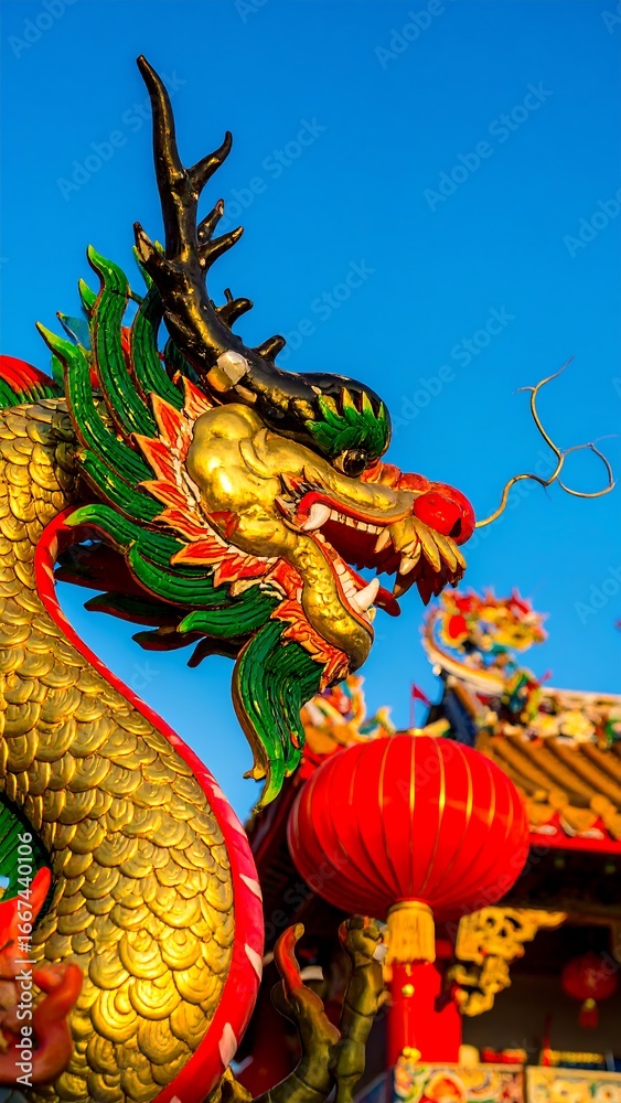 Fototapeta premium Dragon statue head and body against clear sky