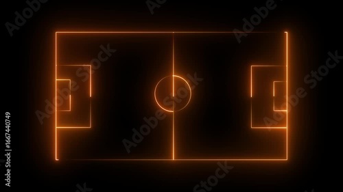 Animation of neon sports stadium on black background with neon lights match football isometric field video animation, Soccer field stadium or football lawn with panoramic.4K video