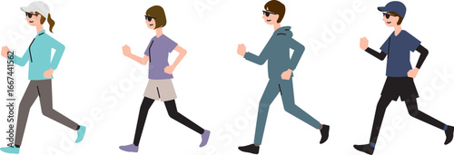 サングラスをかけてランニングをする男性と女性のイラストセット