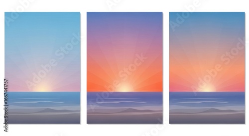 Triptych of Abstract Sunset Over Ocean: Serene, Minimalist, Geometric, Gradient Colors.