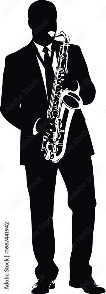 Fototapeta premium Vector art of a silhouette of a saxophone player, a symbol of music, performance, and musical entertainment