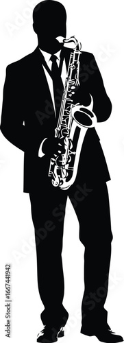 Vector art of a silhouette of a saxophone player, a symbol of music, performance, and musical entertainment