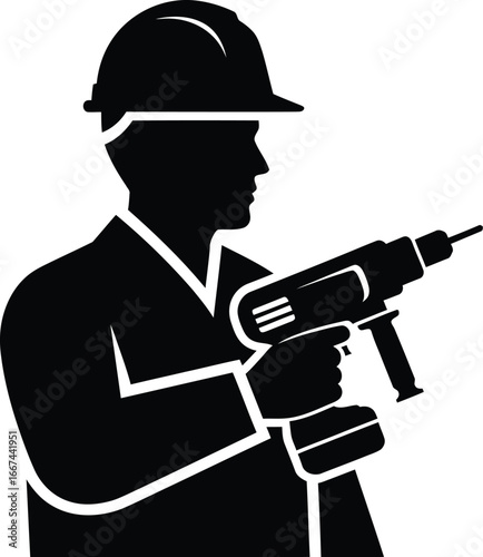 Vector art of a construction worker with a drill, wearing a hard hat, a symbol of industry, repair, and building trades