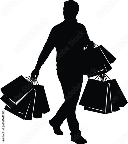 Vector art of the silhouette of a man carrying shopping bags, showcasing retail activity, consumerism, and the act of purchasing goods