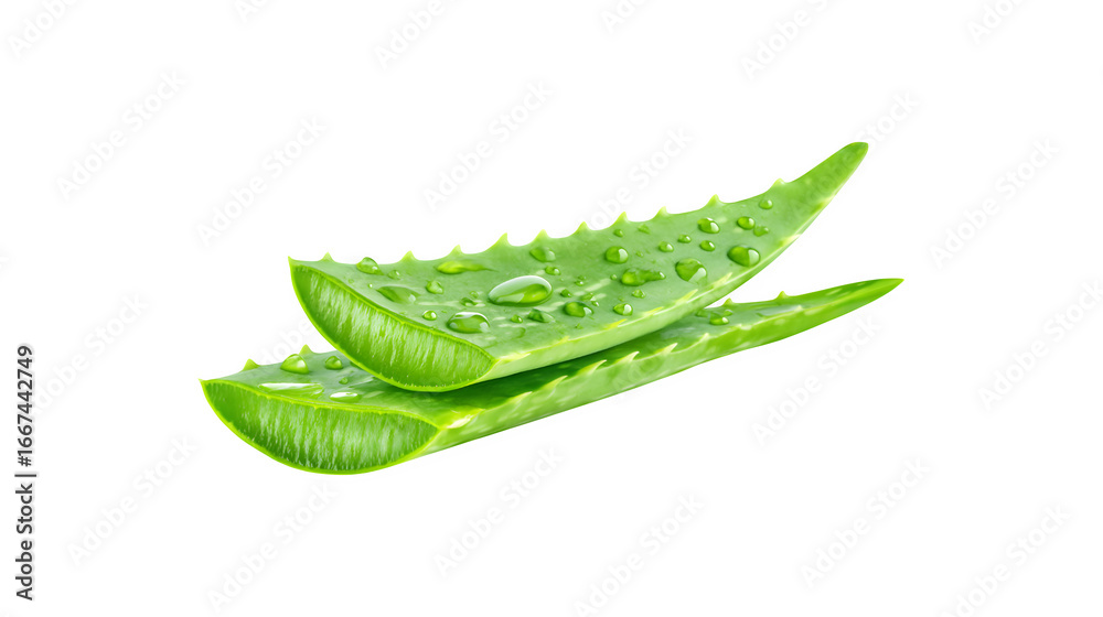 Naklejka premium A fresh slice of aloe vera showcasing its succulent texture and vibrant green color 