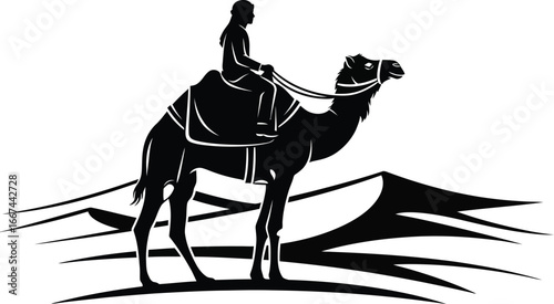 Vector art of a silhouette of a camel rider traveling across the desert dunes
