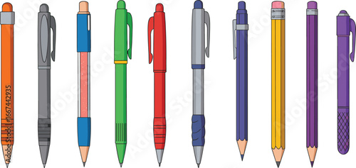 Colorful collection of pens and pencils, assorted stationery supplies for school and office, isolated on white background, detailed illustration