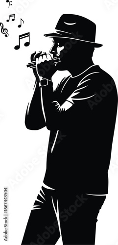 Vector art of a silhouette of a musician playing the harmonica with musical notes