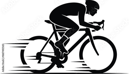 Vector art of a silhouette of a cyclist riding a bicycle with speed lines, representing speed, fitness, and outdoor activity.