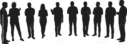 Group of people silhouette, standing together, men and women talking, teamwork communication, casual conversation, human figures vector, community interaction illustration