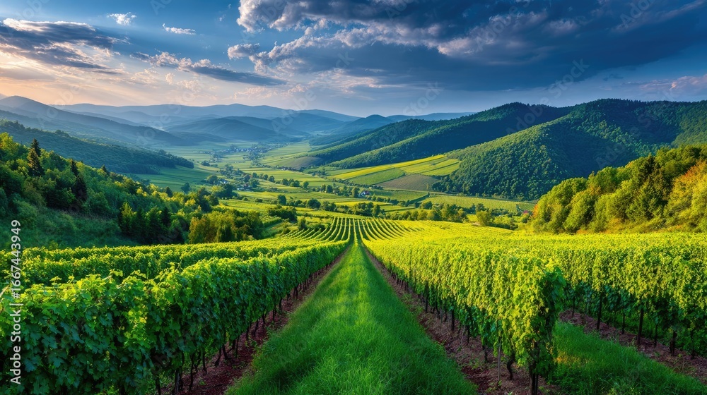 Fototapeta premium Green field with vineyard rows for harvesting concept. Breathtaking landscape of rolling vineyards under a cloudy sky.