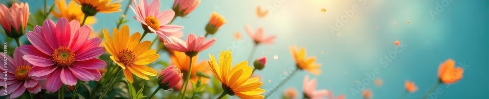 Fototapeta premium Vibrant Bouquet Swaying Gently in a Summer Breeze Tranquil Floral Scene of Colorful Flowers, Peaceful Nature Photography