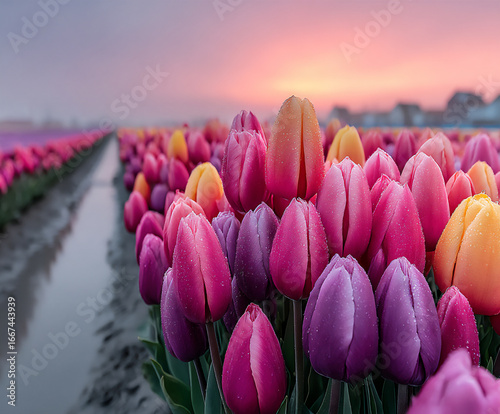 vibrant field of tulips in full bloom under a bright spring sky
